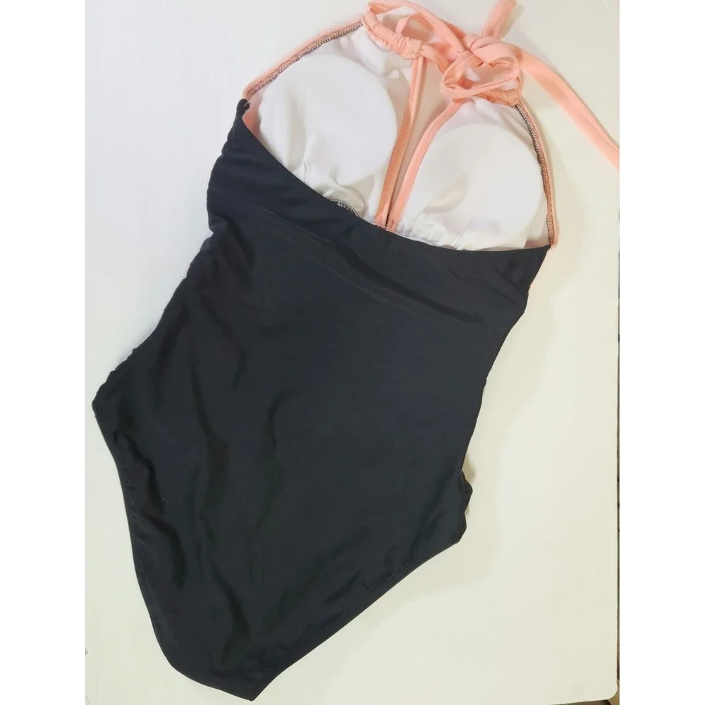 One Piece Swimsuit Women's Black and Pink Cut Out Halter Tie Neck Ruched S beach